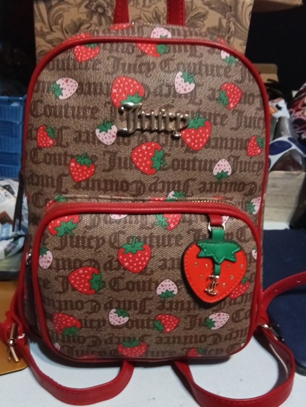 Juicy Couture Brown Monogram Mini Backpack with Red Strawberry Print